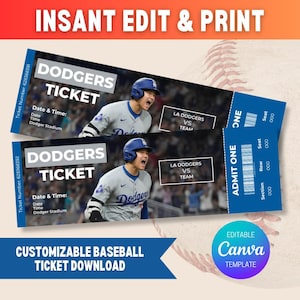 Druckbare benutzerdefinierte Baseballtickets, bearbeitbares Sportticketdesign, MLB-Turniervorlage, Baseballgeschenkticket, Sporttickets, MLB-Eintrittskarten