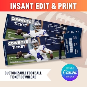 May include: Two dark blue Dallas Cowboys football tickets with a player image, the text "COWBOYS TICKET", and "DALLAS COWBOYS VS TEAM". The tickets also include "ADMIT ONE" and "CUSTOMIZABLE FOOTBALL TICKET DOWNLOAD" text.