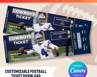 May include: Two dark blue Dallas Cowboys football tickets with a player image, the text "COWBOYS TICKET", and "DALLAS COWBOYS VS TEAM". The tickets also include "ADMIT ONE" and "CUSTOMIZABLE FOOTBALL TICKET DOWNLOAD" text.
