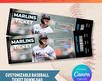Entradas de béisbol personalizadas e imprimibles, diseño editable de entradas deportivas, plantilla de entradas de la MLB, entradas de béisbol de regalo, entradas deportivas, entradas de la MLB