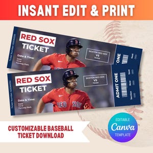 May include: Two baseball tickets with a red and blue design. The tickets read "RED SOX TICKET" and feature a baseball player in a red uniform. The tickets are for a game between the Boston Red Sox and another team. The tickets are customizable and editable.