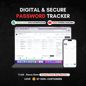 Puede incluir: Un rastreador de contraseñas digital en la pantalla de una computadora portátil y un teléfono inteligente. La interfaz muestra una lista de credenciales, un generador de contraseñas y una bóveda. Texto: DIGITAL & SECURE PASSWORD TRACKER, GOOGLE SHEET WITH AUTHENTICATION, VIDEO TUTORIAL AVAILABLE, 1 Link - Same Data Acess From Any Device, LOVE BY 1000+ CUSTOMERS.