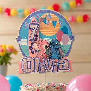 Custom Stitch and Angel Topper | Lilo & Stitch Inspired Cake Topper | Birthday Party Supplies | Glitter Cake Topper | Girl Birthday Decor