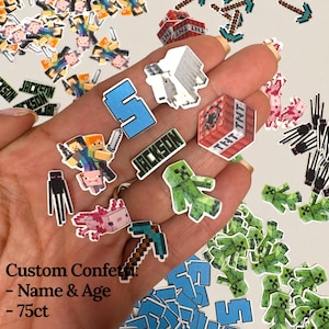Confeti inspirado en mineros - 75 unidades - Decoración de cumpleaños para gamers - Fiesta de mineros - Dispersión de mesa personalizada con nombre y edad
