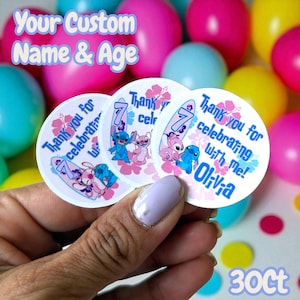 Stitch and Angel  Round Sticker Labels Personalized - Custom Age & Name Gift Tags - Stitch Inspired Party Supplies - 30ct - Party Favors