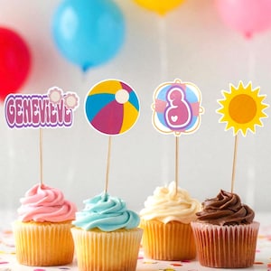 Custom Pool Party Cupcake Toppers | Summer Birthday Decor | Personalized Beach Party Supplies | Waterpark Party Decoration | Set of 12