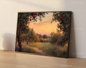 Cuadro decorativo de atardecer en un huerto de manzanos, lámina de manzano rojo, póster de la cosecha dorada, decoración otoñal de granja, pintura artística de manzano, lámina decorativa de huerto