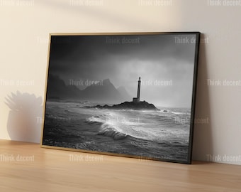 Black and White Lighthouse Print, Moody Coastal Wall Art (Digital Download)
