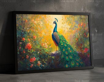 Peacock Wall Art, Colorful Bird Garden Poster, Peacock Feather Oil Painting, Floral Rose Nature Print, Golden Sunlit Teal Peacock Decor