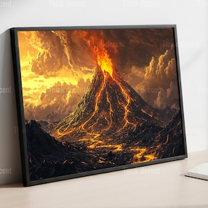 Plakat z erupcją wulkanu, plakat z krajobrazem świecącej lawy, epicki obraz przedstawiający góry wulkaniczne, mroczna, dramatyczna apokalipsa, wydruk artystyczny o naturze