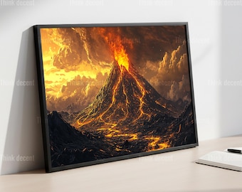 Volcano Eruption Wall Art, Glowing Lava Flow Landscape Poster, Epic Volcanic Mountain Painting, Dark Dramatic Apocalypse Nature Art Print