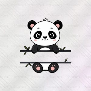 May include: A cute panda bear illustration with a black and white design. The panda is holding onto a horizontal line with its paws, and its feet are on another line below. Green leaves are on the lines.