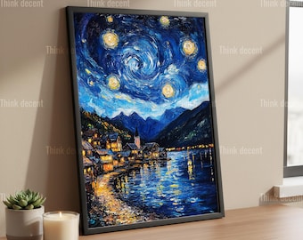 Starry Night Village Wall Art, Van Gogh Style Lake Poster, Swirling Sky Mountain Print, Night Lake Reflection Painting, Blue Star Sky Decor