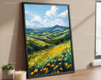 Lámina decorativa de pradera de flores silvestres, lámina de colinas de amapolas naranjas y flores silvestres, lámina de montaña de valle verde, lámina de pradera de flores silvestres para la decoración del hogar.