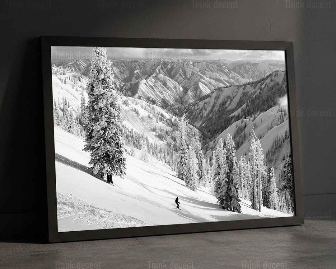 Black and White Winter Mountain Wall Art, Snowy Pine Forest Skiing ...