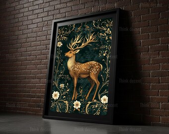 Stag Wall Art Print, Deer Antler Botanical Print, Dark Floral Deer Art Print, Gold Stag Illustration Print, Moody Living Room Wall Decor