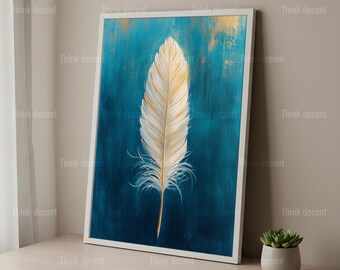 White Gold Feather Wall Art, Teal Blue Feather Print, Elegant Feather Poster, Luxury Feather Decor, Gold Feather Art, Feather Wall Print