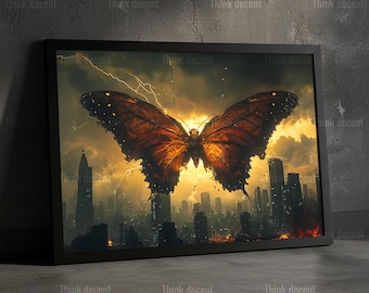 Giant Butterfly Wall Art, Dark Fantasy City Poster, Apocalypse Storm Print, Lightning Monster Butterfly Painting, Epic Dark Cityscape Decor