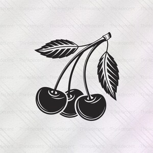 May include: A black and white illustration of three cherries with stems and leaves.
