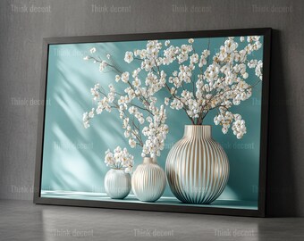 White Flower Vase Wall Art, Teal Green Floral Poster, Elegant Gold Striped Vase Print, Modern Botanical Painting, Luxury Home Floral Decor