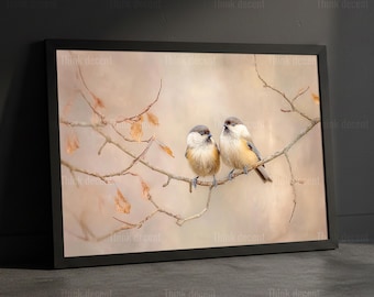 Two Birds On Branch Wall Art Print, Soft Neutral Bird Couple Artwork, Minimalist Wildlife Art For Living Room Bedroom, Pastel Bird Art Print