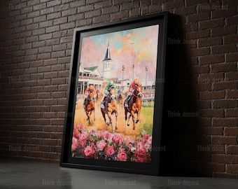 Arte mural del Derby de Kentucky, lámina de carreras de caballos, póster de carreras de jinetes, decoración de Churchill Downs, arte de la rosa del Derby, lámina mural de pintura de carreras de caballos
