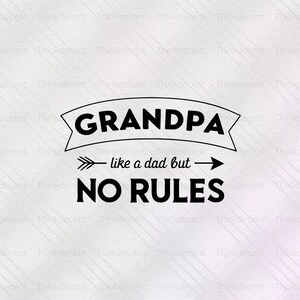 May include: Black text on a white background reads "GRANDPA like a dad but NO RULES." The word "GRANDPA" is in a banner shape. The text is a humorous statement about grandfathers.