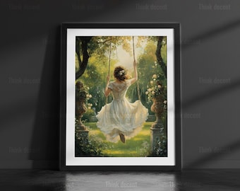 Garden Swing Wall Art Print, Woman White Dress Swing Print, Romantic Garden Oil Painting Print, Dreamy Garden Swing Print For Home Decor