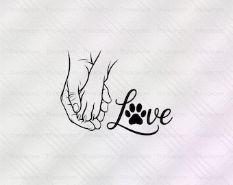 May include: Black and white line art illustration featuring two hands holding a paw and the word "Love". The design is a symbol of the bond between humans and their pets, perfect for pet lovers.