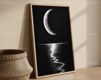 Crescent Moon Ocean Wall Art, Black White Moon Print, Night Sky Water Poster, Dark Moon Decor, Moon Sketch Art, Minimalist Moon Wall Print