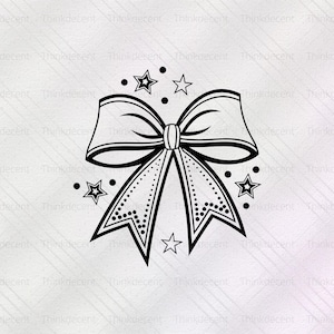 May include: A black and white bow illustration with dotted and star accents. The bow has a detailed outline with a central knot and flowing ribbons. Several stars and dots surround the bow, creating a festive design.