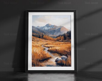 Autumn Mountain Wall Art Print, Fall Landscape Stream Print, Mountain Creek Painting Print, Nature Wall Art, Mountain Print For Home Decor