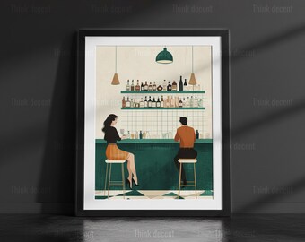 Lámina decorativa para bar, lámina para pareja en un bar de cócteles, arte mural retro para bar, lámina decorativa para bar en color azul marino y óxido, arte mural vintage para bar, lámina para pareja en un bar