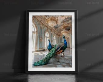 Peacock Wall Art Print, Peacock Palace Ballroom Print, Two Peacocks Baroque Print, Luxury Peacock Art Print, Peacock Print For Home Decor