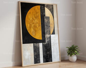 Abstract Circle Wall Art Print, Geometric Sun Art, Black Gold Modern Print, Bauhaus Poster, Mid Century Wall Decor, Bold Geometric Print
