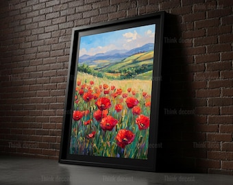 Cuadro decorativo de campo de amapolas rojas, lámina de flores silvestres de la Toscana, póster de prado de amapolas, decoración campestre italiana, pintura artística de amapolas rojas, lámina decorativa de campo