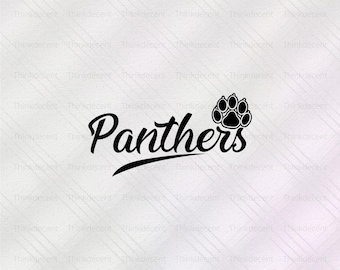 May include: Black and white graphic design of a paw print with the word "Panthers" in a stylized script font.