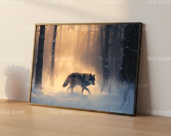Wolf Snow Forest Wall Art, Winter Wolf Poster, Misty Golden Sunlight Forest Print, Wild Wolf Walking Painting, Snowy Woodland Wildlife Decor