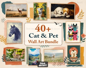 Cat Pet Wall Art Bundle | 40+ Printable Wall Art Prints | Cat Dog Horse Fox Rabbit Deer Farm Animal Japanese Art Decor | Instant Download