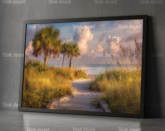 Beach Path Wall Art, Palm Trees Ocean Digital Print, Coastal Path Landscape Home Decor, Tropical Beach Wall Art Home Decor
