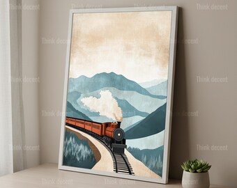 Lámina decorativa de tren de vapor para pared, lámina vintage de tren en la montaña, lámina decorativa de tren rojo para pared, póster de viaje retro, decoración de pared para amantes de los trenes