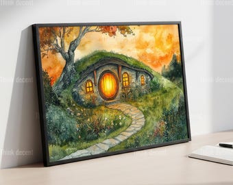 Hobbit Hole Watercolor Wall Art, Cozy Fantasy Cottage Sunset Poster, Magical Underground House Painting, Fairytale Garden Nature Art Print
