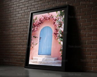 Blue Door Wall Art Print, Pink Floral Arched Door Print, Mediterranean Blue Door Print, Santorini Door Print, Blue Door Print For Home Decor