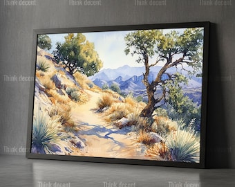 Desert Trail Wall Art, Southwest Landscape Watercolor Poster, Dry Mountain Path Print, Golden Desert Tree Painting, Nature Hiking Decor