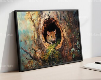 Mouse In Tree Hole Wall Art, Cute Forest Mouse Print, Woodland Animal Poster, Nature Mouse Decor, Mouse Painting Art, Forest Wall Print
