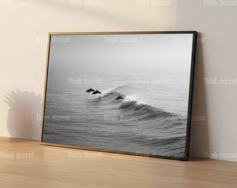 Black And White Dolphin Wall Art, Ocean Wave Wildlife Digital Print, Minimalist Ocean Wall Decor, Ocean Wave Wall Art, Dolphin Digital Print