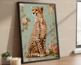 Cheetah Wall Art Print, Cheetah Pink Bow Floral Print, Coquette Cheetah Art Print, Vintage Cheetah Print, Cheetah Print For Home Decor
