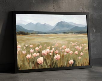 Floral Landscape Wall Art, Wildflower Meadow Mountain Painting Print, Soft Pastel Nature Artwork, Calm Nature Wall Art For Home Decor