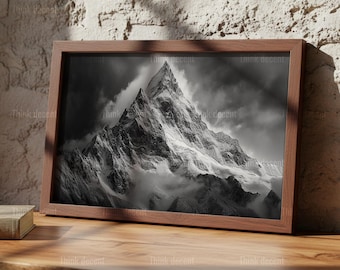 Mountain Wall Art Print, Black and White Mountain Peak Print, Alpine Mountain Print, Stormy Mountain Print, Mountain Print For Home Decor