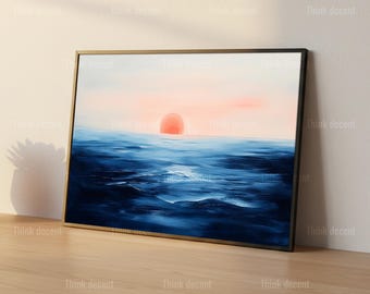 Minimalist Ocean Sunset Wall Art, Navy Blue Sea Print, Red Sun Horizon Poster, Calm Ocean Decor, Sunset Art, Coastal Minimalist Wall Print